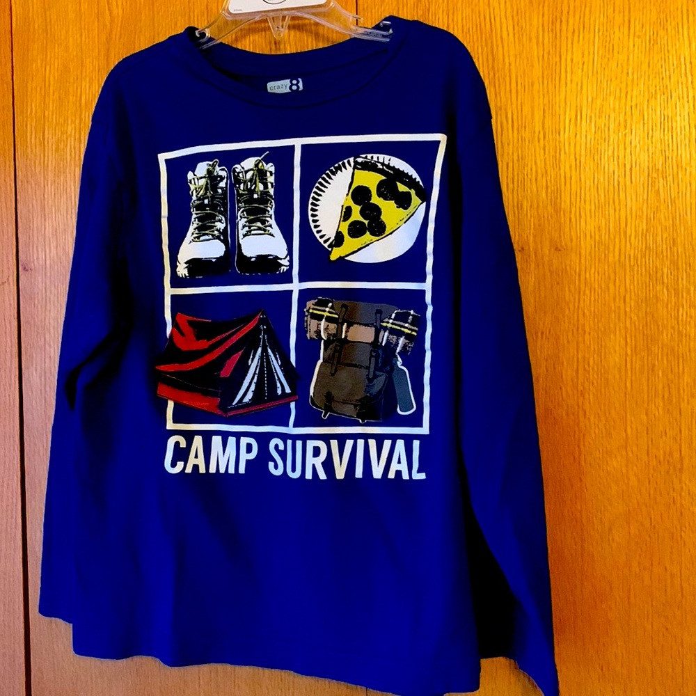 New Crazy 8 Camp Survival Cotton T shirt size 7. - 8 pizza boots tent backpack